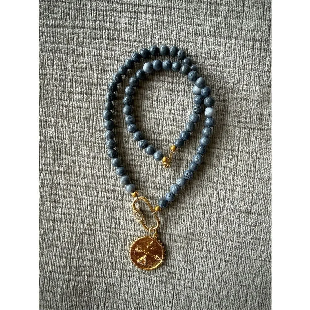 Gold Coin Pendant Necklace with Gray Beads
